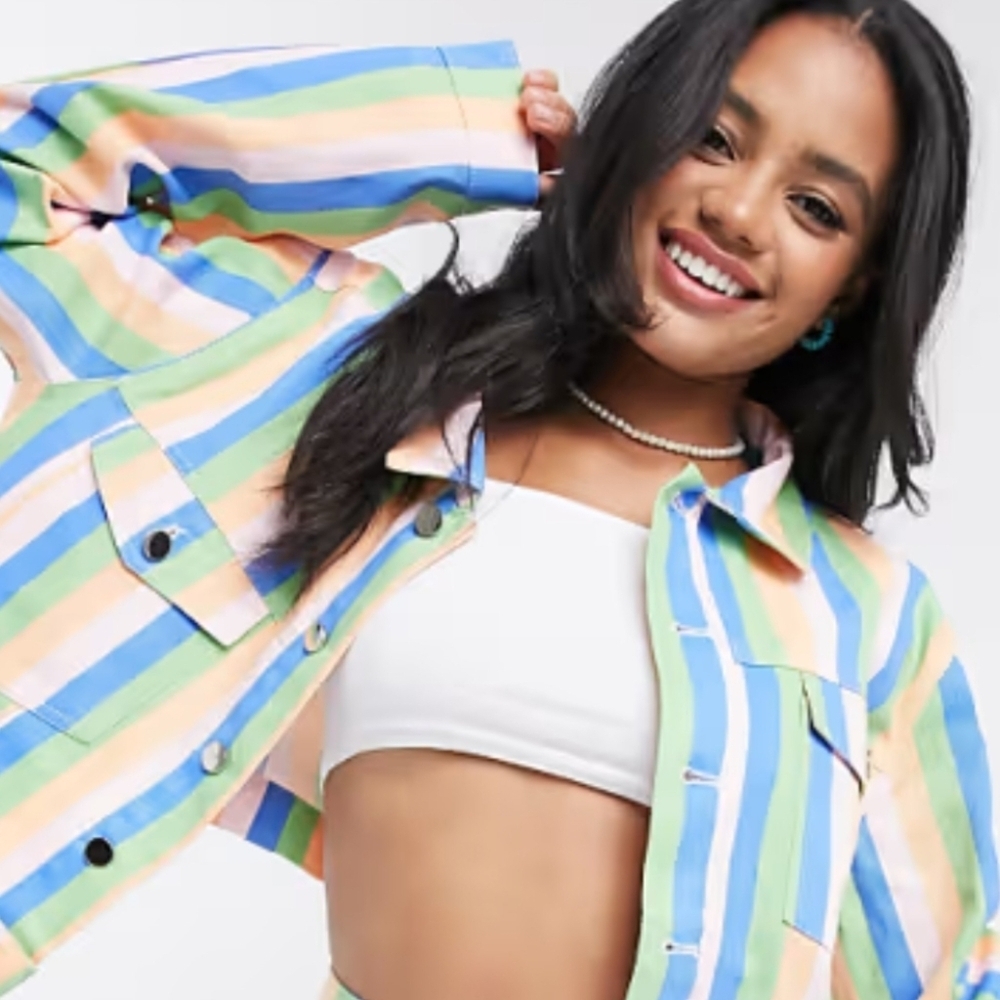 DAISY STREET CROPPED MULTI COLOR STRIPE ALL COTTON TRUCKER JACKET SIZE MEDIUM - Picture 6 of 12